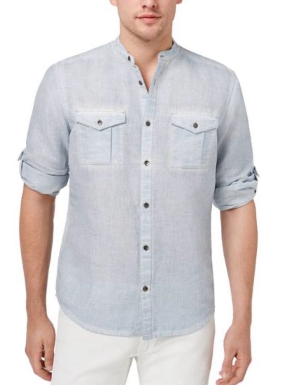 INC International Concepts Band Collar Button-Front Shirt large winter blue nwt